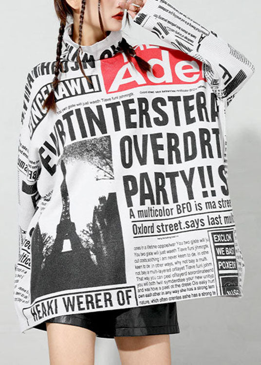 Classy White Turtle Neck Graphic Knitted Tops Spring