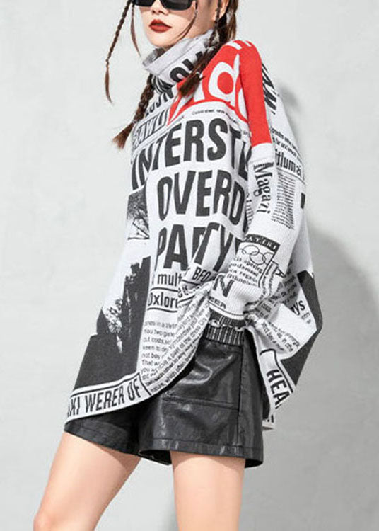 Classy White Turtle Neck Graphic Knitted Tops Spring