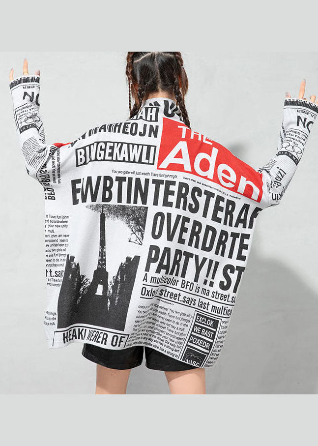 Classy White Turtle Neck Graphic Knitted Tops Spring