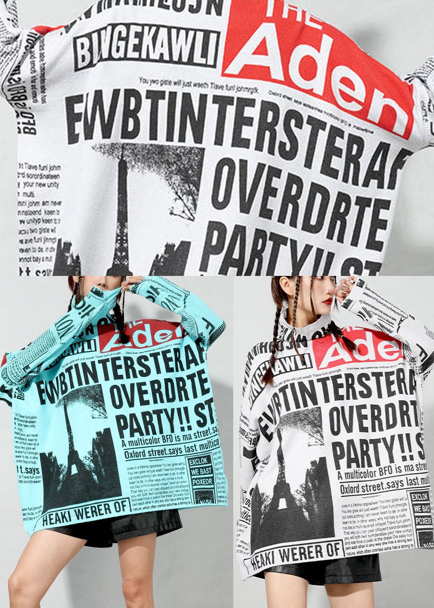 Classy White Turtle Neck Graphic Knitted Tops Spring