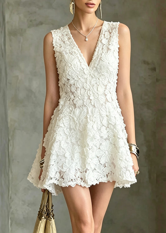 Classy White V Neck Floral Mid Dress Sleeveless