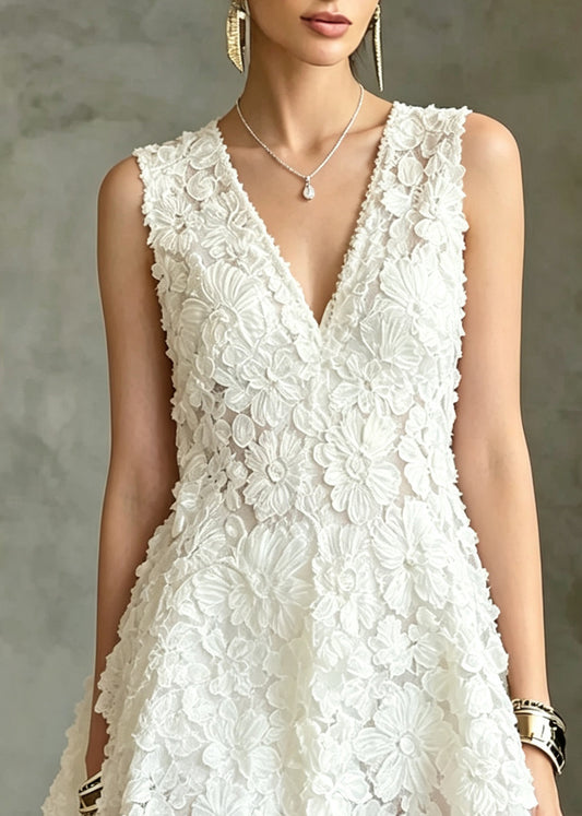 Classy White V Neck Floral Mid Dress Sleeveless