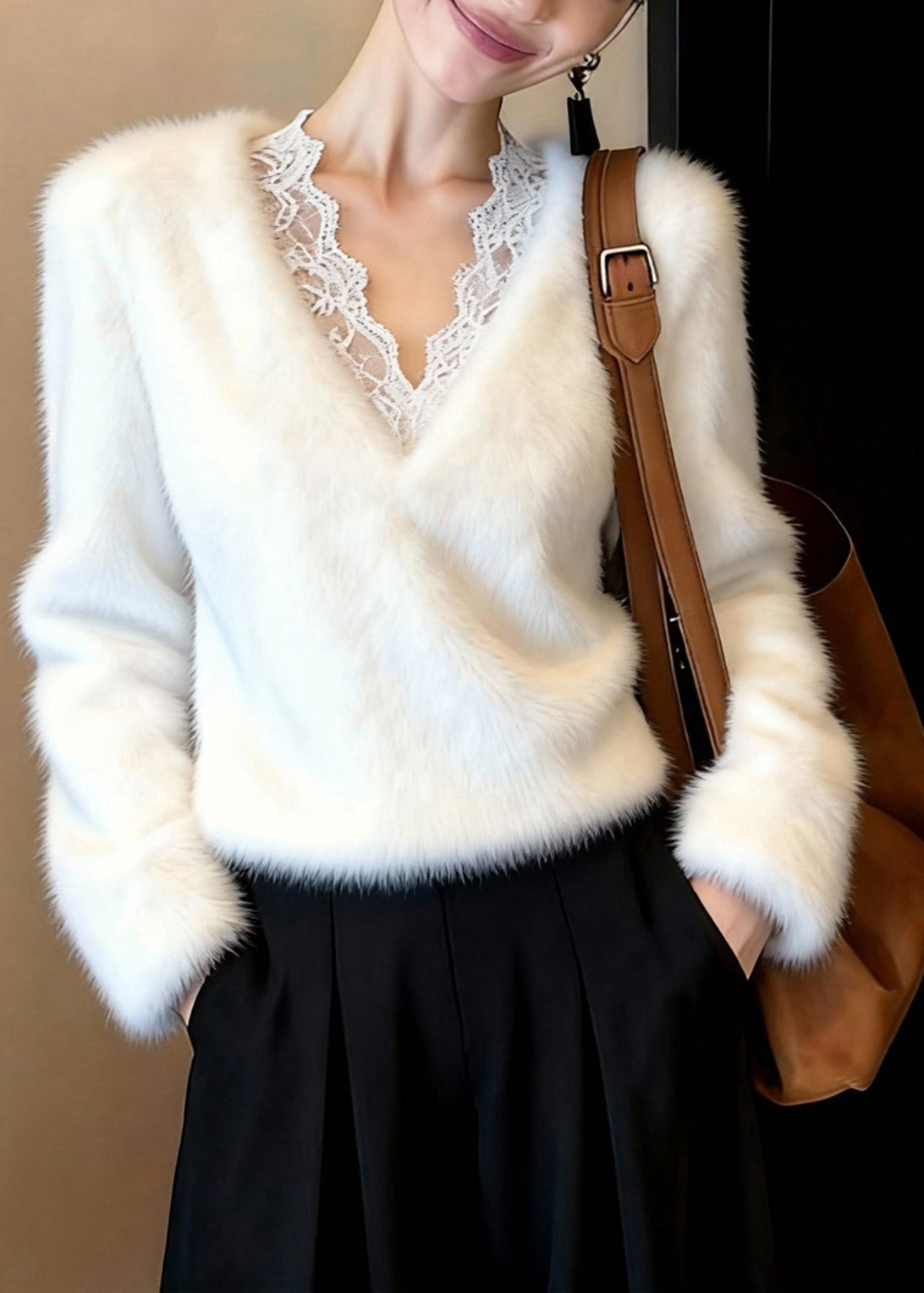 Classy White V Neck Patchwork Mink Hair Knitted Sweater Tops Winter