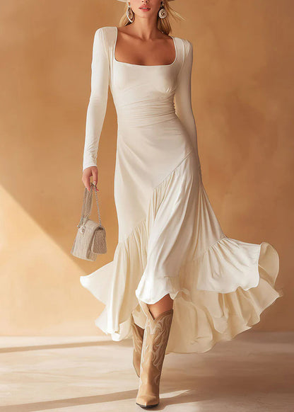 Classy White V Neck Square Collar Wrinkled Patchwork Cotton Dress Spring