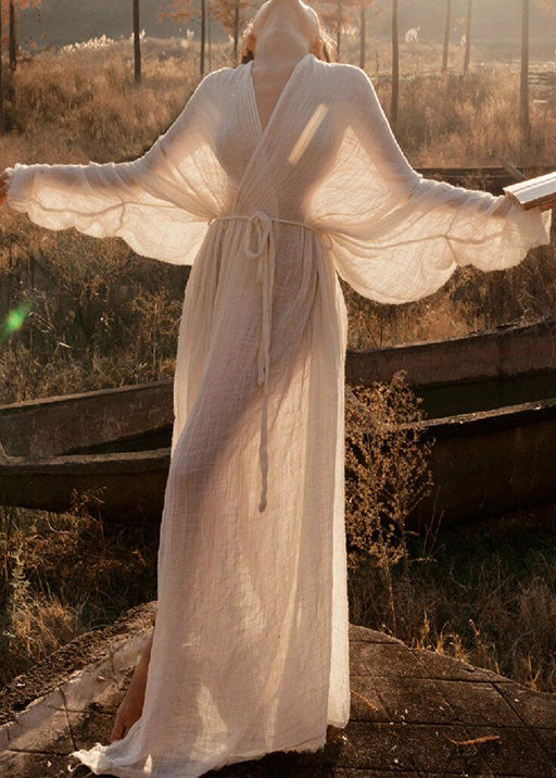 Classy White V Neck Tie Waist Cotton Dresses Long Sleeve