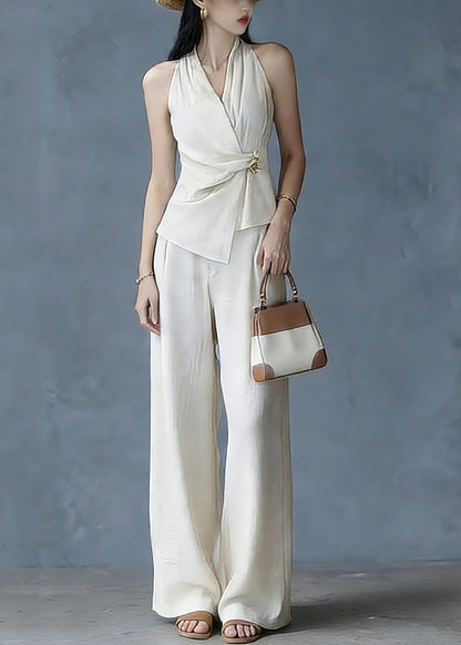 Classy White V Neck Top And Wide Leg Pants Two Pieces Set Summer