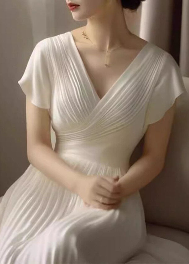 Classy White V Neck Wrinkled Patchwork Chiffon Long Dresses Summer
