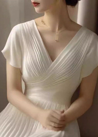 Classy White V Neck Wrinkled Patchwork Chiffon Long Dresses Summer