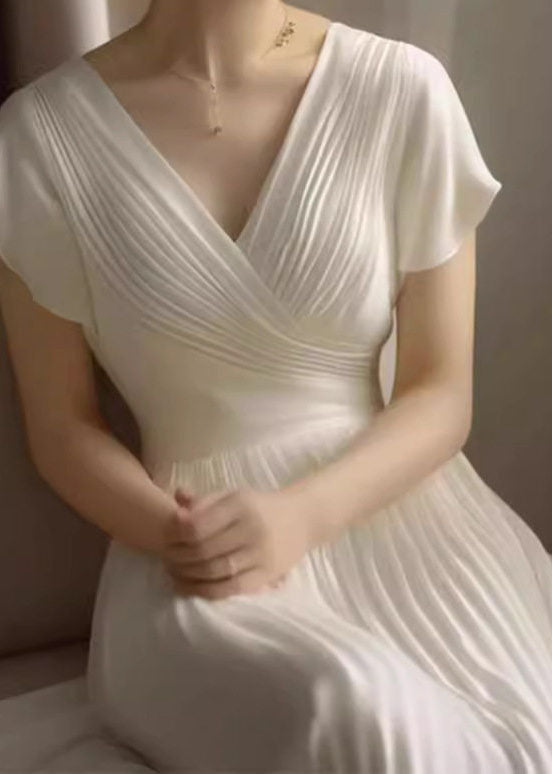 Classy White V Neck Wrinkled Patchwork Chiffon Long Dresses Summer