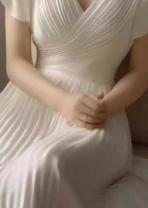 Classy White V Neck Wrinkled Patchwork Chiffon Long Dresses Summer
