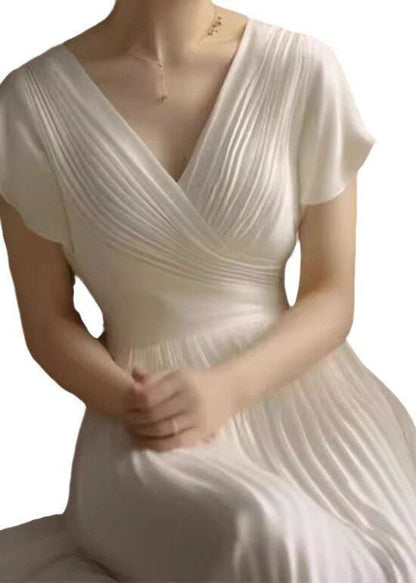 Classy White V Neck Wrinkled Patchwork Chiffon Long Dresses Summer