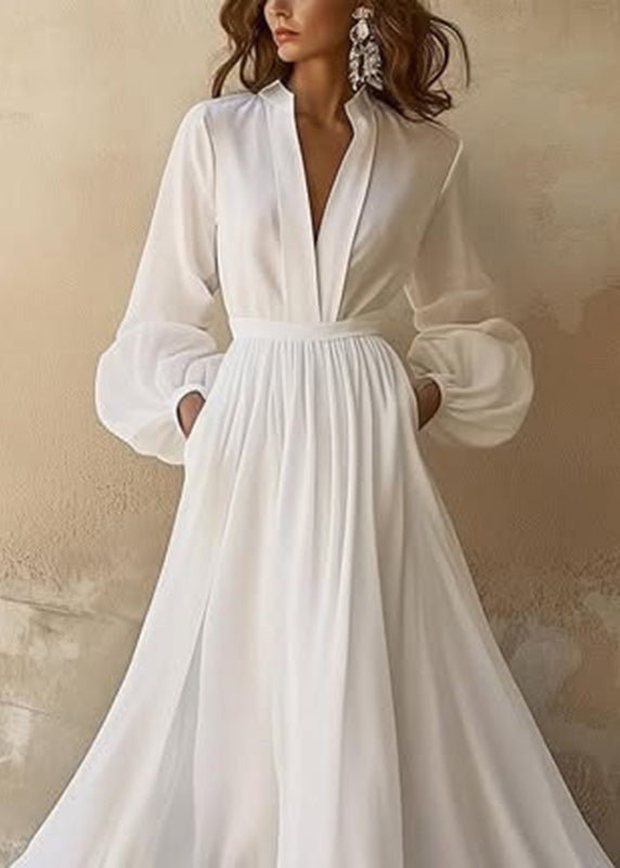 Classy White V Neck Wrinkled Patchwork Solid Long Dresses Lantern Sleeve