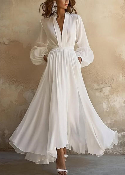 Classy White V Neck Wrinkled Patchwork Solid Long Dresses Lantern Sleeve