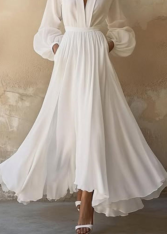 Classy White V Neck Wrinkled Patchwork Solid Long Dresses Lantern Sleeve