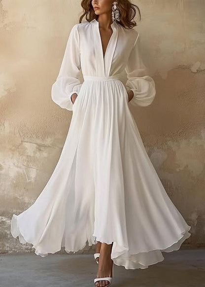Classy White V Neck Wrinkled Patchwork Solid Long Dresses Lantern Sleeve