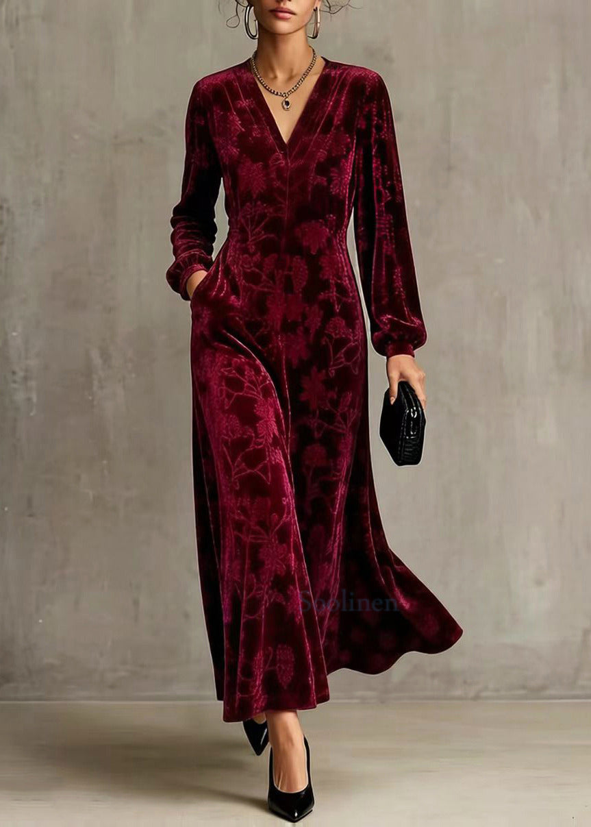 Classy Wine Red V Neck Jacquard Silk Velour Long Dresses Fall