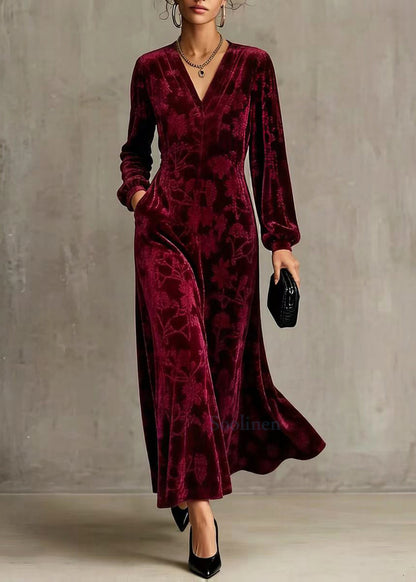 Classy Wine Red V Neck Jacquard Silk Velour Long Dresses Fall