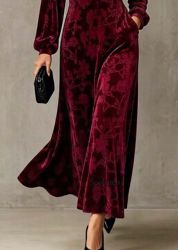 Classy Wine Red V Neck Jacquard Silk Velour Long Dresses Fall