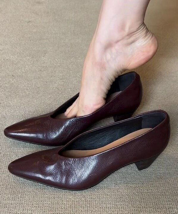 Classy Women Splicing Chunky High Heels Coffee Cowhide Leather Pointed Toe