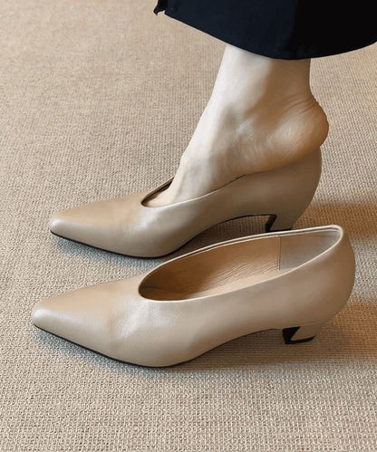 Classy Women Splicing Chunky High Heels Coffee Cowhide Leather Pointed Toe