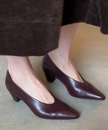 Classy Women Splicing Chunky High Heels Coffee Cowhide Leather Pointed Toe