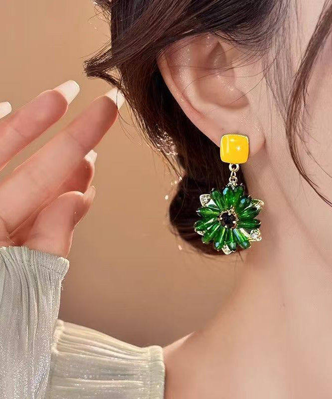 Classy Yellow Copper Overgild Crystal Floral Drop Earrings