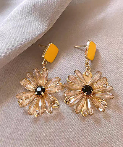Classy Yellow Copper Overgild Crystal Floral Drop Earrings