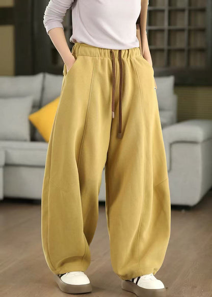 Classy Yellow Elastic Waist Drawstring Thick Cotton Pants Fall