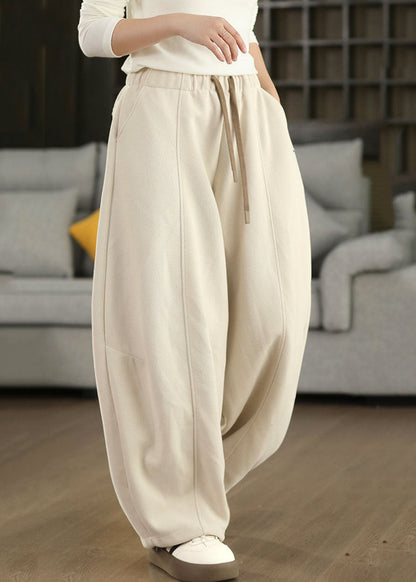 Classy Yellow Elastic Waist Drawstring Thick Cotton Pants Fall