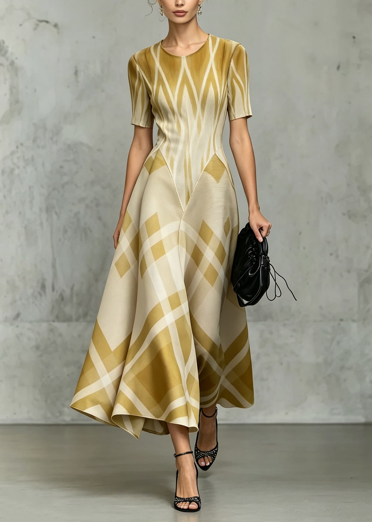 Classy Yellow O Neck Plaid Patchwork Ankle Dress Summer