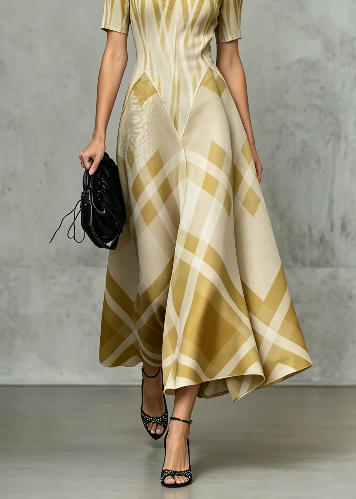 Classy Yellow O Neck Plaid Patchwork Ankle Dress Summer