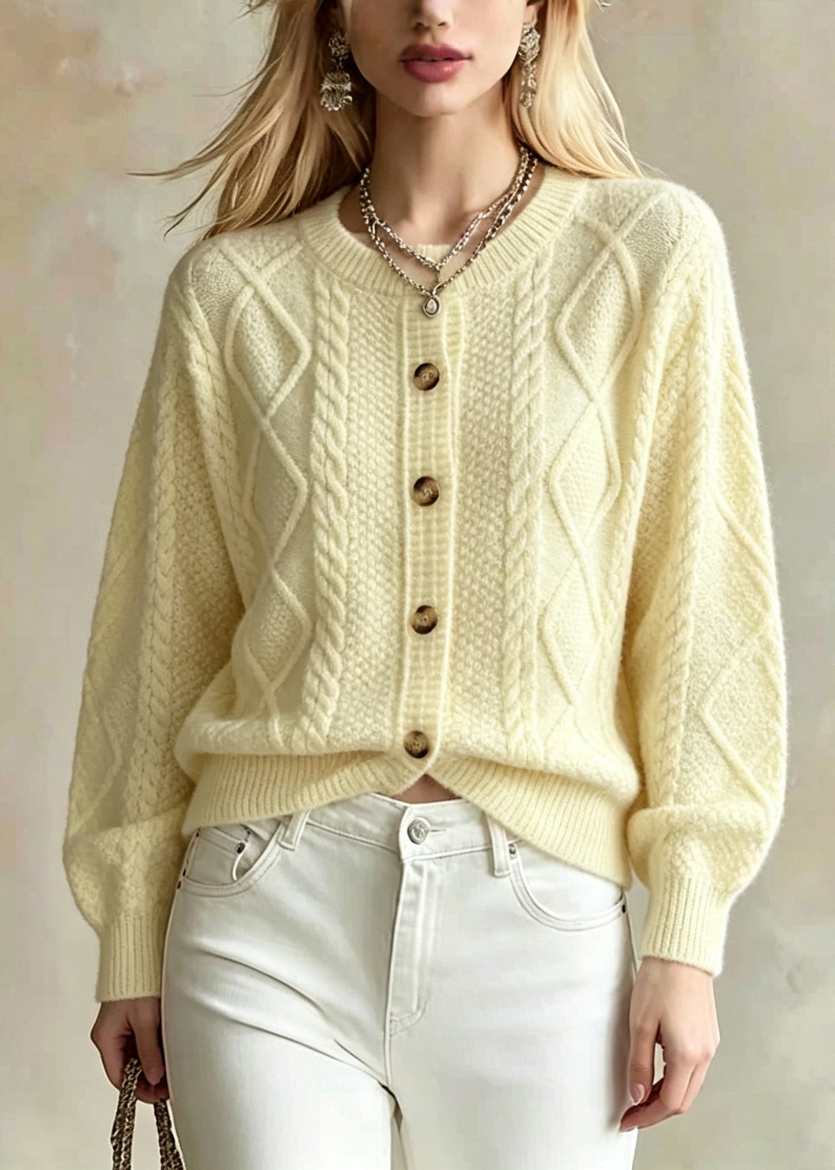 Classy Yellow O-Neck Warm Knit Cardigans Fall