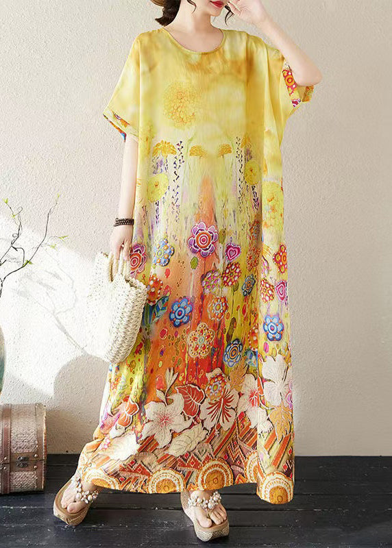 Classy Yellow Oversized Print Cotton Beach Dresses Summer