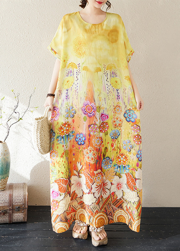Classy Yellow Oversized Print Cotton Beach Dresses Summer