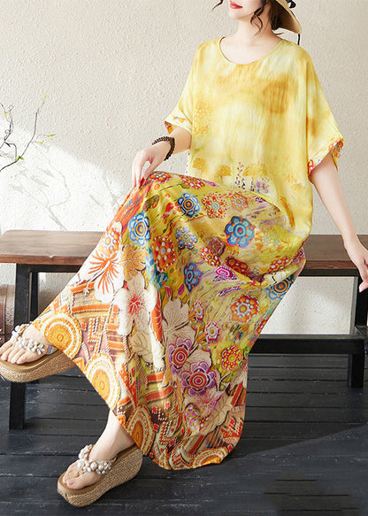 Classy Yellow Oversized Print Cotton Beach Dresses Summer