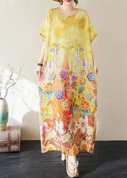 Classy Yellow Oversized Print Cotton Beach Dresses Summer