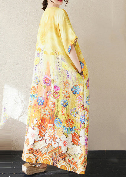 Classy Yellow Oversized Print Cotton Beach Dresses Summer