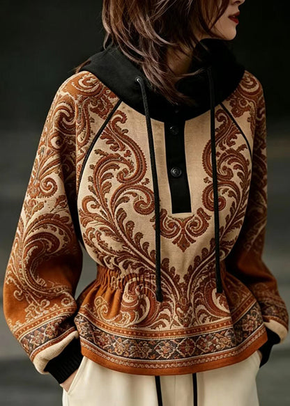 Classy Yellow Paisley Hooded Elastic Waist Sweatshirt Fall