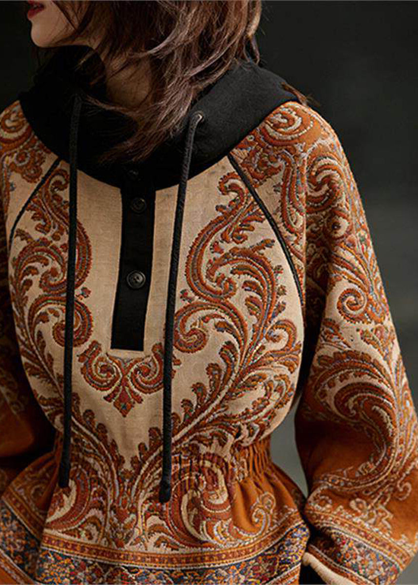 Classy Yellow Paisley Hooded Elastic Waist Sweatshirt Fall