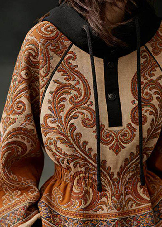 Classy Yellow Paisley Hooded Elastic Waist Sweatshirt Fall