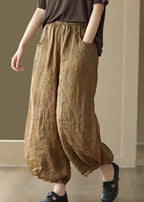 Classy Yellow Patchwork Ramie Crop Pants Summer