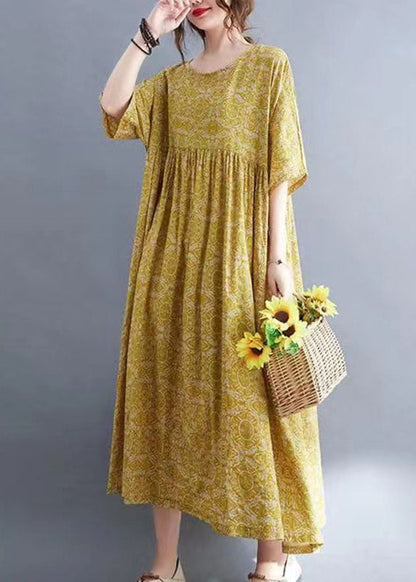 Classy Yellow Patchwork Wrinkled Maxi Dress Half Sleeve