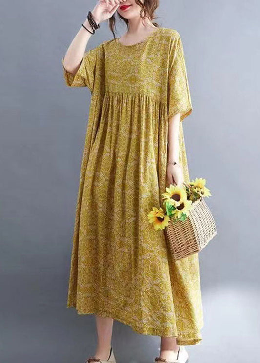 Classy Yellow Patchwork Wrinkled Maxi Dress Half Sleeve