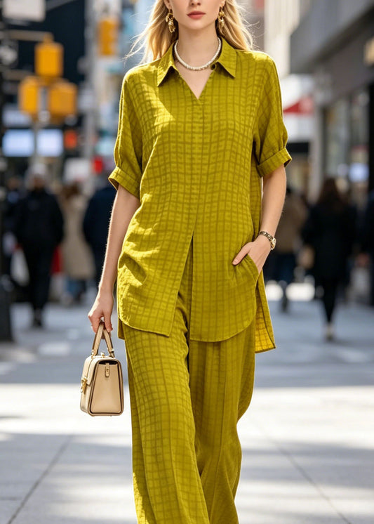 Classy Yellow Peter Pan Collar Plaid Silk Two Piece Set Summer