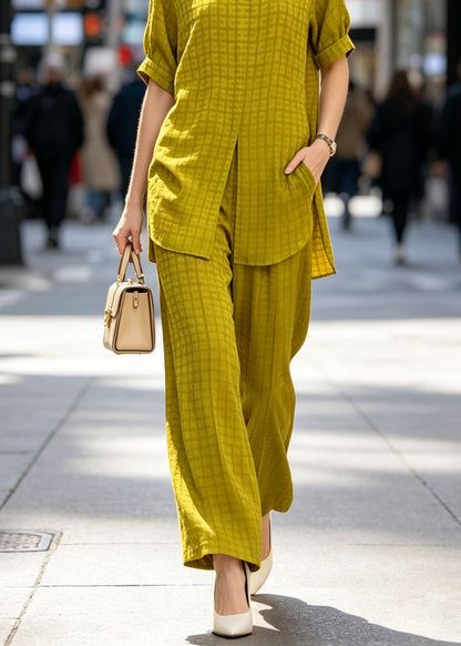 Classy Yellow Peter Pan Collar Plaid Silk Two Piece Set Summer