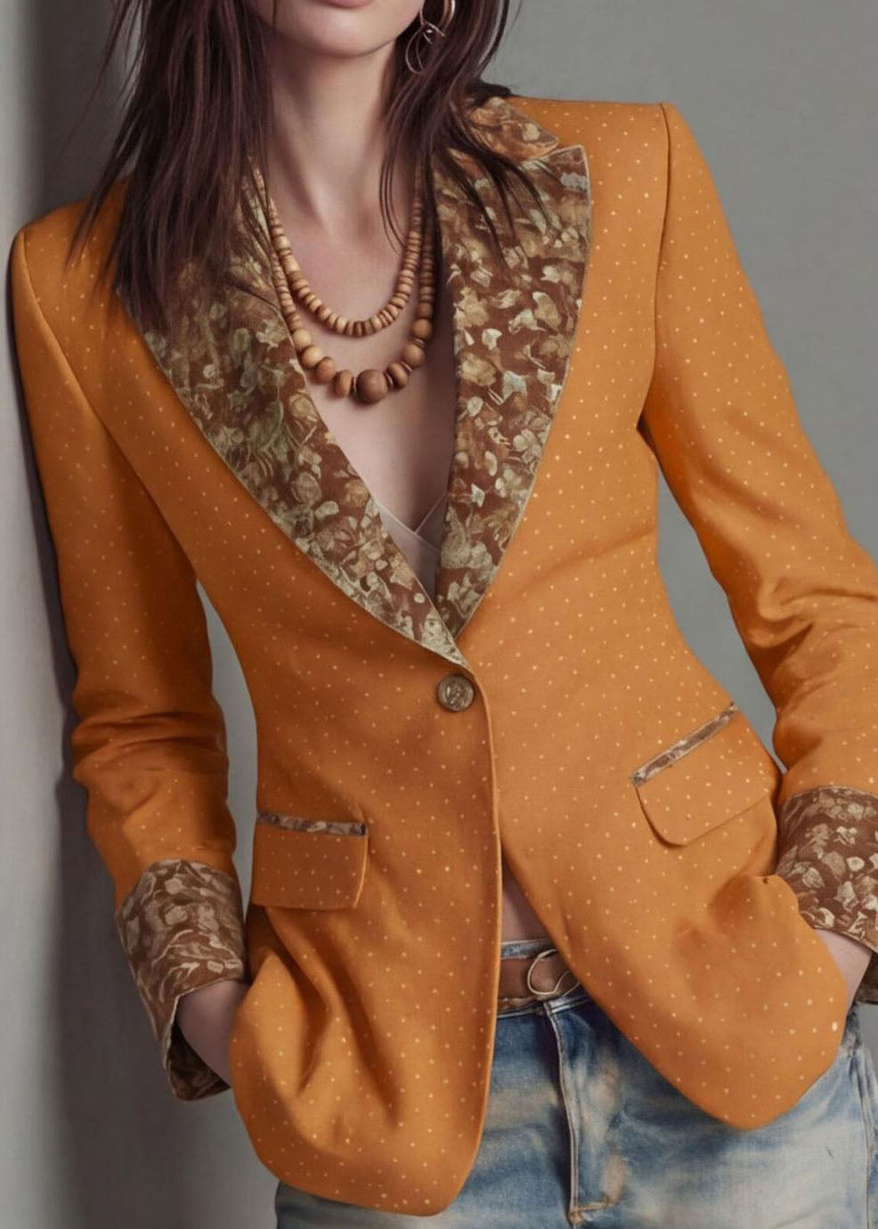 Classy Yellow Peter Pan Collar Print Cotton Suit Coats Fall