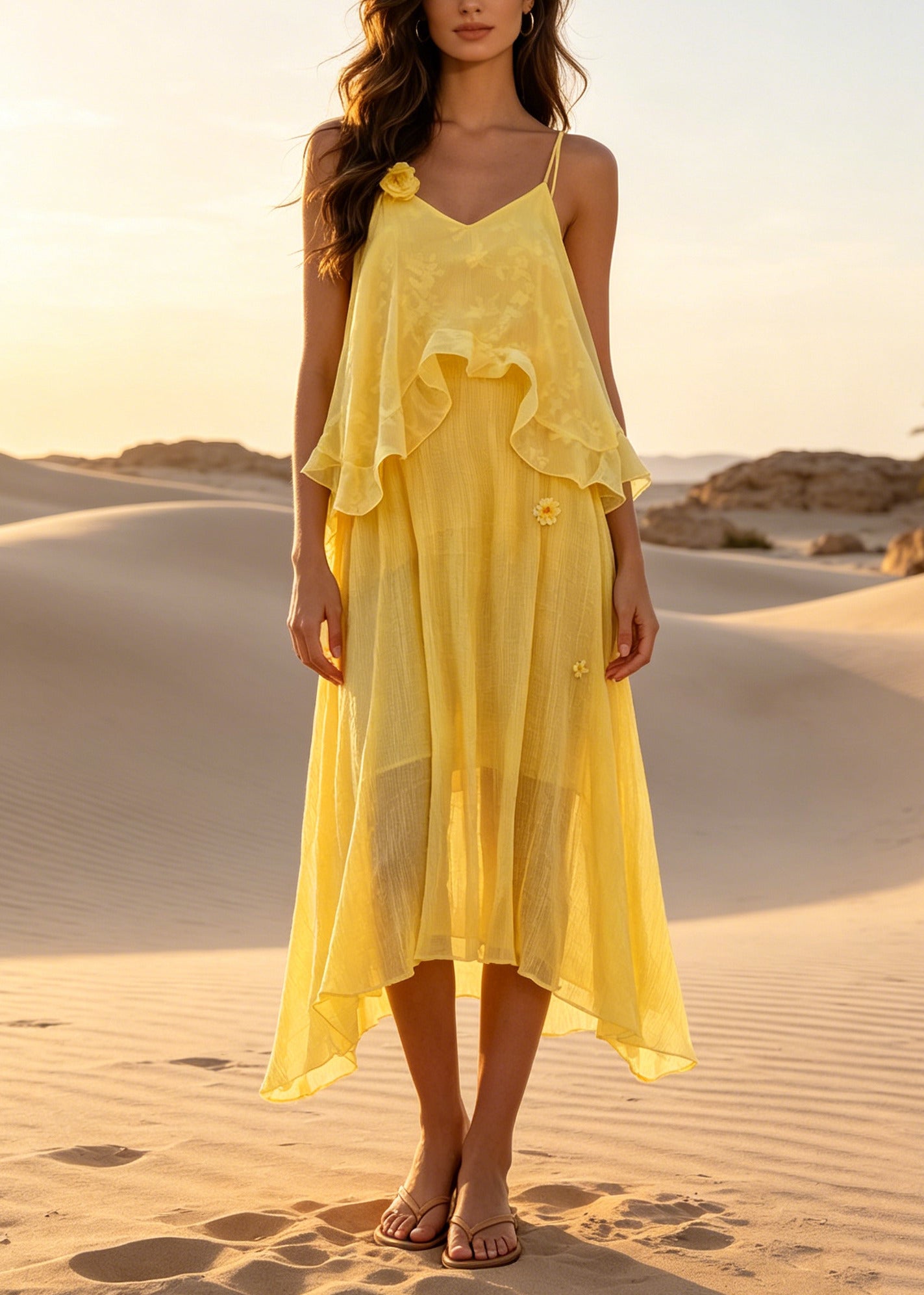 Classy Yellow Ruffled Floral Cotton Beach Dresses Summer