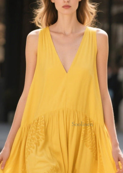 Classy Yellow V Neck Jacquard Cotton Dresses Summer
