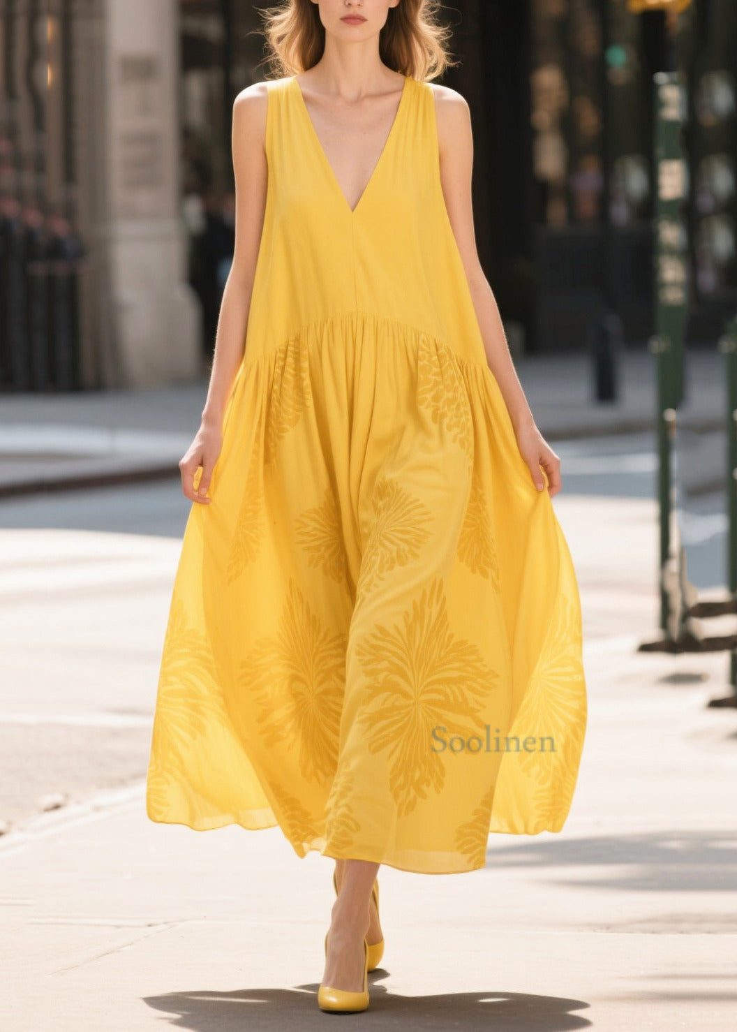 Classy Yellow V Neck Jacquard Cotton Dresses Summer