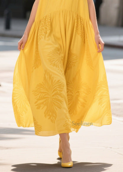 Classy Yellow V Neck Jacquard Cotton Dresses Summer